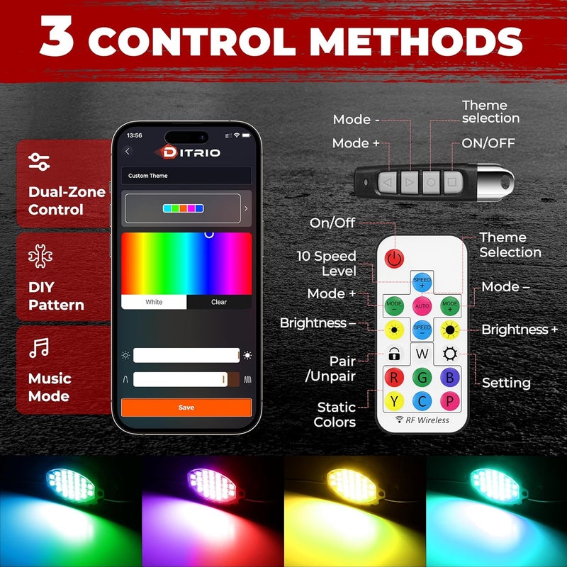 DITRIO 16 Pods Metal Aluminum RGB Rock Lights for Trucks Jeep UTV SUV ATV Golf Cart, Multi Chasing Color App/Remote Control Led Rock Lights with Music Mode, Waterproof Exterior Underglow Kits for Cars - Image 3